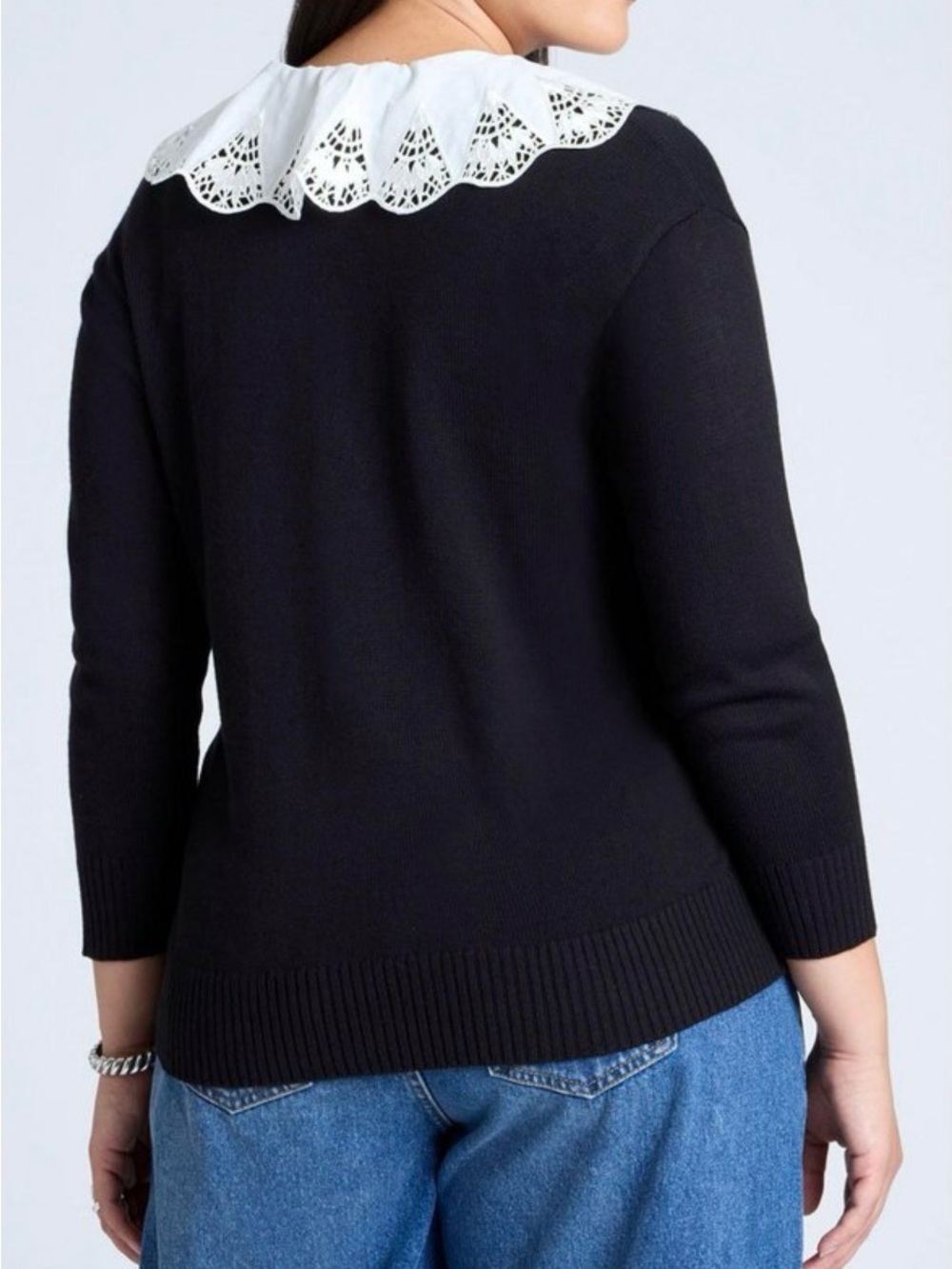 Eloquii Black V-Neck Sweater with White Lace  Collar